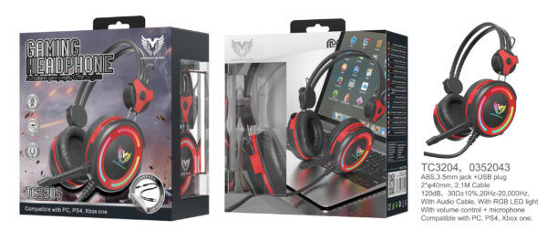 Auriculares Cascos Gaming TC3204 RJ+NE Auriculares Casco Gaming con Microfono y Control de volumen, Cable 2,1 M, Adaptador Audio Jack 2en 1 incluido, , Luz RGB, Rojo+Negro