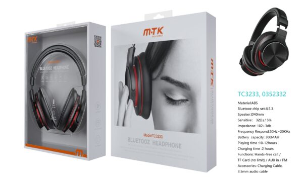 Auriculares Cascos Bluetooth Inalámbricos TC3233  Luxury Auricular Bluetooth 5.3, Soporta Mano libre/FM/TF(Sin limitacion de Memoria)/Entrada de Audio, Bateria 300mAh, Marron+Negro - Imagen 2