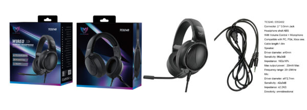 Auriculares Cascos Gaming TC3240 NE Auriculares Casco Gaming Con microfono y Boton control de Volumen, Luz RGB, Cable 1.8M, Soporta para PC/PS4/Xbox one, 3.5mm Jack*2, Negro