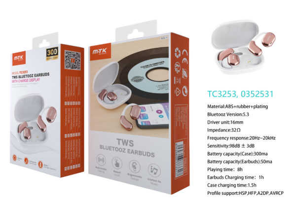 Auriculares Bluetooth Inalambricos estilo Airpods TC3253 BL+RS Auriculares Boxer TWS BTS V5.3, Bateria Earbuds 50mAh*2 + Estuche 300mAh, con pantalla digital, 8h de uso, Blanco+Rosa Gold - Imagen 4