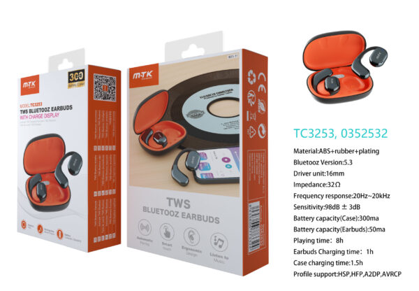 Auriculares Bluetooth Inalambricos estilo Airpods TC3253 NE Auriculares Boxer TWS BTS V5.3, Bateria Earbuds 50mAh*2 + Estuche 300mAh, con pantalla digital, 8h de uso, Negro - Imagen 4