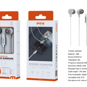 Auriculares con Cable Tipo C TC3254 BL luxury Auricular  Type-C Ezra con Microfono y  Control de Volumen, Compatible con Apple Type-C, Soporta llamada y Musica, Cable 1.2m, Blanco