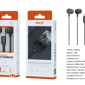 Auriculares con Cable Tipo C TC3254 NE luxury Auricular  Type-C Ezra con Microfono y  Control de Volumen, Compatible con Apple Type-C, Soporta llamada y Musica, Cable 1.2m, Negro