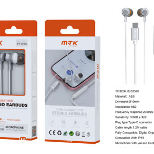 Auriculares con Cable Tipo C TC3256 BL luxury Auricular  Type-C Jake con Microfono y  Control de Volumen, Compatible con Apple Type-C, Soporta llamada y Musica, Cable 1.2m, Blanco