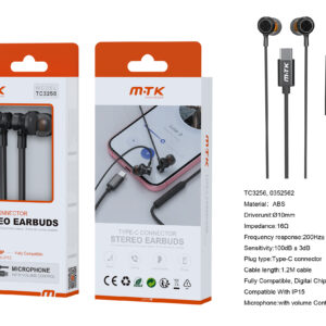 Auriculares con Cable Tipo C TC3256 NE luxury Auricular  Type-C Jake con Microfono y  Control de Volumen, Compatible con Apple Type-C, Soporta llamada y Musica, Cable 1.2m, Negro