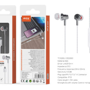Auriculares Iphone con cable Lightning TC3269 BL+GR Auricular lightning Chiara con microfono y boton de llamada, Cable 1.2m, Blanco+Gris