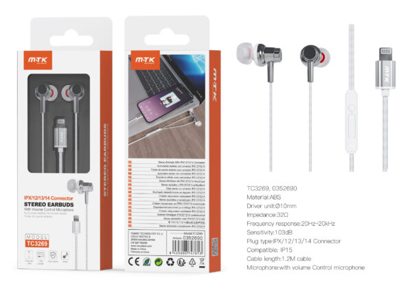 Auriculares Iphone con cable Lightning TC3269 BL+GR Auricular lightning Chiara con microfono y boton de llamada, Cable 1.2m, Blanco+Gris