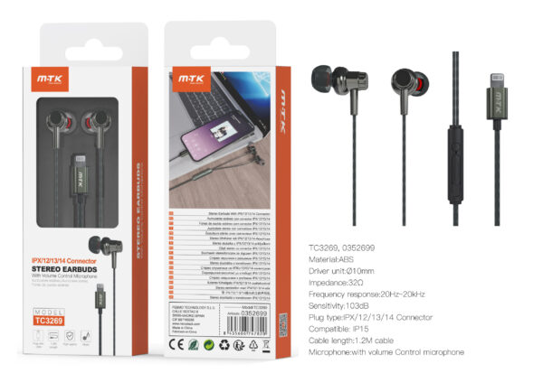 Auriculares Iphone con cable Lightning TC3269 VE+GR Auricular lightning Chiara con microfono y boton de llamada, Cable 1.2m, Verde+Negro