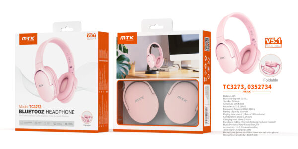 Auriculares Cascos Bluetooth Inalámbricos TC3273 RS Auriculares Casco Zor plegable con bluetooth 5.1 y microfono, Btaria 200mAh, Rosa