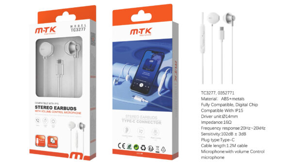 Auriculares con Cable Tipo C TC3277 BL Luxury Auricular USB-C Zoogle con microfono y boton de volumen, Cable 1.2m, Blanco
