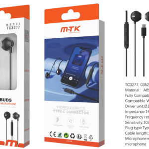 Auriculares con Cable Tipo C TC3277 NE Luxury Auricular USB-C Zoogle con microfono y boton de volumen, Cable 1.2m, Negro