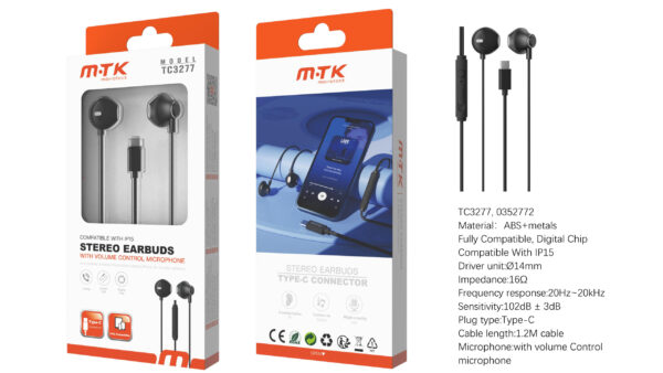 Auriculares con Cable Tipo C TC3277 NE Luxury Auricular USB-C Zoogle con microfono y boton de volumen, Cable 1.2m, Negro