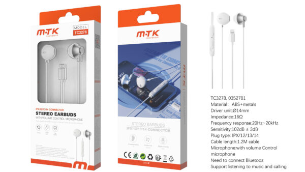 Auriculares Iphone con cable Lightning TC3278 BL Luxury Auricular Lightning Zoogle con microfono y boton de volumen, (Necesario Bluetooth)Cable 1.2m, Blanco