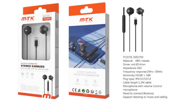 Auriculares Iphone con cable Lightning TC3278 NE Luxury Auricular Lightning Zoogle con microfono y boton de volumen, (Necesario Bluetooth)Cable 1.2m, Negro