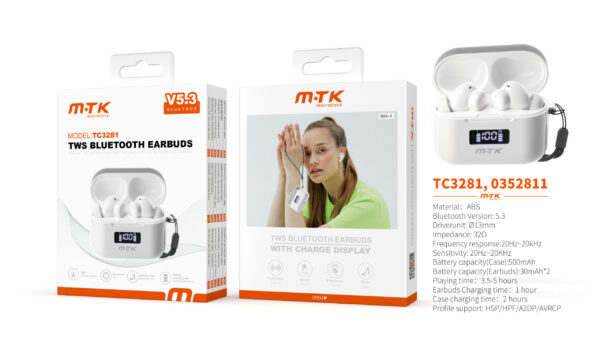 Auriculares Bluetooth Inalambricos estilo Airpods TC3281 BL Luxury Auriculares TWS Bluetooth 5.3 smart Touch, Bateria (30mAh*2) Con Estuche Recargable 500mAh, Blanco