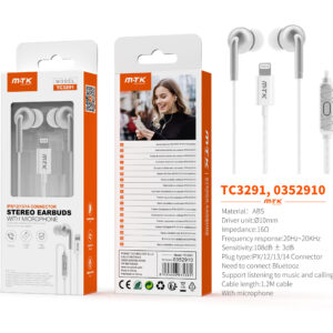 Auriculares Iphone con cable Lightning TC3291 BL+PT Auricular Lightning Vindar con microfono y boton de llamada, (Necesario Bluetooth)Cable 1.2m, Blanco