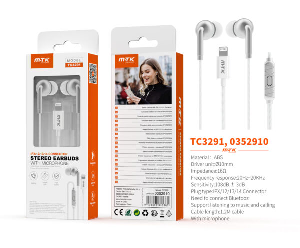 Auriculares Iphone con cable Lightning TC3291 BL+PT Auricular Lightning Vindar con microfono y boton de llamada, (Necesario Bluetooth)Cable 1.2m, Blanco