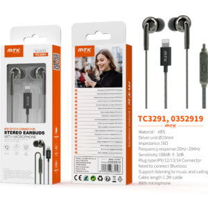 Auriculares Iphone con cable Lightning TC3291 GR Auricular Lightning Vindar con microfono y boton de llamada, (Necesario Bluetooth)Cable 1.2m, Gris oscuro