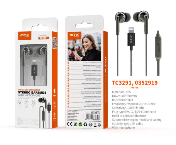 Auriculares Iphone con cable Lightning TC3291 GR Auricular Lightning Vindar con microfono y boton de llamada, (Necesario Bluetooth)Cable 1.2m, Gris oscuro