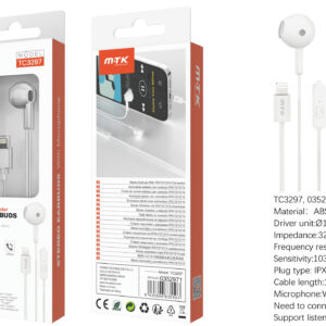 Auriculares Iphone con cable Lightning TC3297 BL Auricular Lightning Cromph con microfono y boton de llamada, (Necesario Bluetooth)Cable 1.2m, Blanco