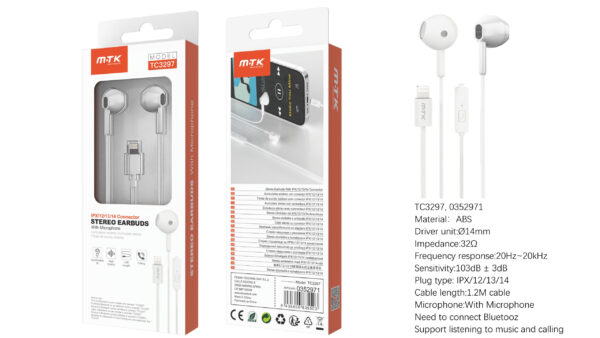Auriculares Iphone con cable Lightning TC3297 BL Auricular Lightning Cromph con microfono y boton de llamada, (Necesario Bluetooth)Cable 1.2m, Blanco