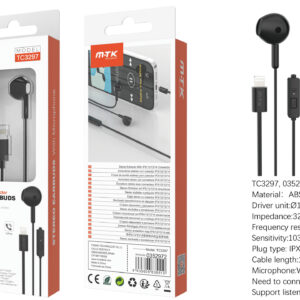 Auriculares Iphone con cable Lightning TC3297 NE Auricular Lightning Cromph con microfono y boton de llamada, (Necesario Bluetooth)Cable 1.2m, Negro