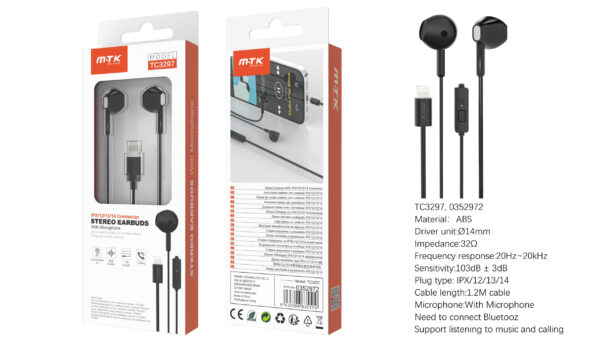Auriculares Iphone con cable Lightning TC3297 NE Auricular Lightning Cromph con microfono y boton de llamada, (Necesario Bluetooth)Cable 1.2m, Negro