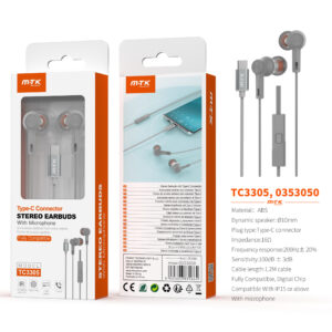 Auriculares con Cable Tipo C TC3305 GR Auricular Type-C Galros con microfono y boton de llamada full compatible, Cable 1.2m, Gris
