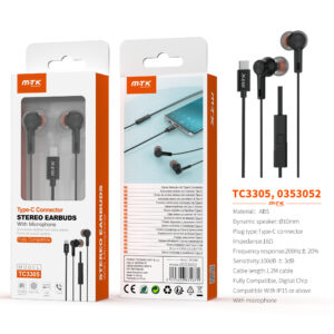 Auriculares con Cable Tipo C TC3305 NE Auricular Type-C Galros con microfono y boton de llamada full compatible, Cable 1.2m, Negro