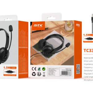 Auriculares Cascos Bluetooth Inalámbricos TC3318 NE Auricular con microfono y control de volumen, Cable de Jack 3.5mm 1.5metros, Negro