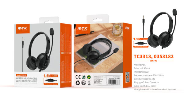 Auriculares Cascos Bluetooth Inalámbricos TC3318 NE Auricular con microfono y control de volumen, Cable de Jack 3.5mm 1.5metros, Negro