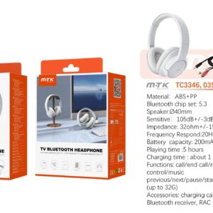 Auricular TV Cascos Bluetooth TC3346 BL Auricular TV Bluetooth 5.3 plegable, Soporte llamadas/Entrada Aux 3.5mm/Tarjeta TF/RAC, Bateria 200mAh, Blanco