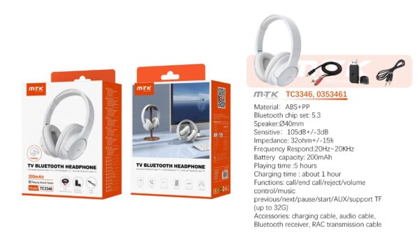 Auricular TV Cascos Bluetooth TC3346 BL Auricular TV Bluetooth 5.3 plegable, Soporte llamadas/Entrada Aux 3.5mm/Tarjeta TF/RAC, Bateria 200mAh, Blanco