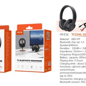 Auricular TV Cascos Bluetooth TC3346 NE Auricular TV Bluetooth 5.3 plegable, Soporte llamadas/Entrada Aux 3.5mm/Tarjeta TF/RAC, Bateria 200mAh, Negro