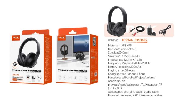 Auricular TV Cascos Bluetooth TC3346 NE Auricular TV Bluetooth 5.3 plegable, Soporte llamadas/Entrada Aux 3.5mm/Tarjeta TF/RAC, Bateria 200mAh, Negro