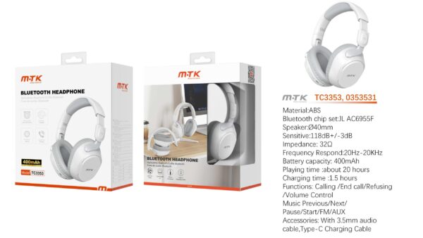 Auriculares Cascos Bluetooth Inalámbricos TC3353 BL Luxury auriculares Bluetooth Rhalis plegable con microfono, Soporta llamada/entrada AUX, Bateria 400mAh, Blanco