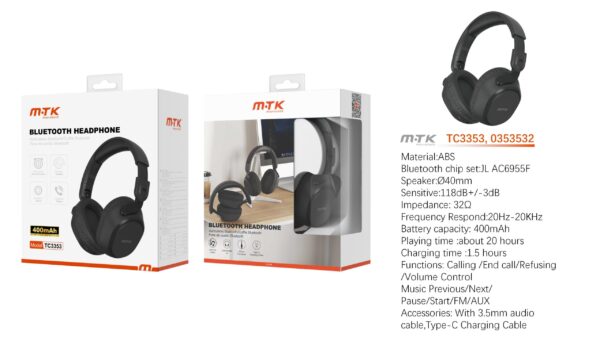 Auriculares Cascos Bluetooth Inalámbricos TC3353 NE Luxury auriculares Bluetooth Rhalis plegable con microfono, Soporta llamada/entrada AUX, Bateria 400mAh, Negro