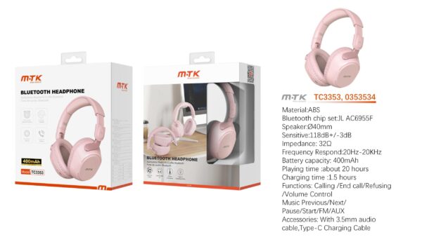 Auriculares Cascos Bluetooth Inalámbricos TC3353 RS Luxury auriculares Bluetooth Rhalis plegable con microfono, Soporta llamada/entrada AUX, Bateria 400mAh, Rosa