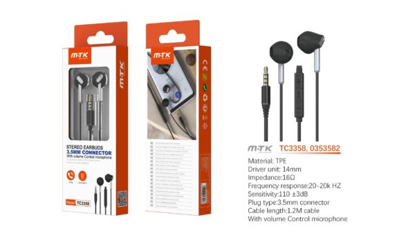 Auriculares con Cable TC3358 BL Auricular jack 3.5mm Daren con microfono + boton de llamada y volumen, Cable 1.2m, Blanco