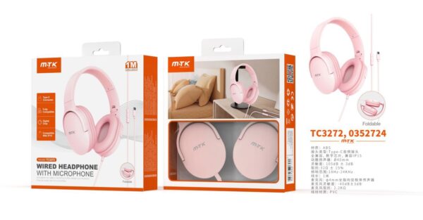 Auriculares Cascos con CableTC3272 RS Auriculares Casco Zor plegable con Cable Type-C y microfono, Cable 1.2m,Soporta apple, Rosa