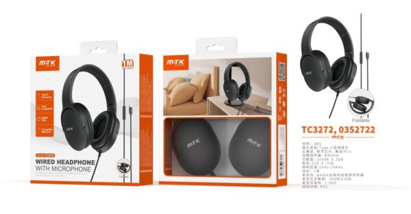 Auriculares Cascos con CableTC3272 NE Auriculares Casco Zor plegable con Cable Type-C y microfono, Cable 1.2m,Soporta apple, Negro