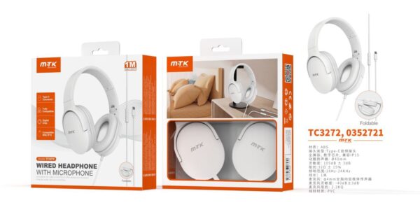 Auriculares Cascos con CableTC3272 BL Auriculares Casco Zor plegable con Cable Type-C y microfono, Cable 1.2m,Soporta apple, Blanco