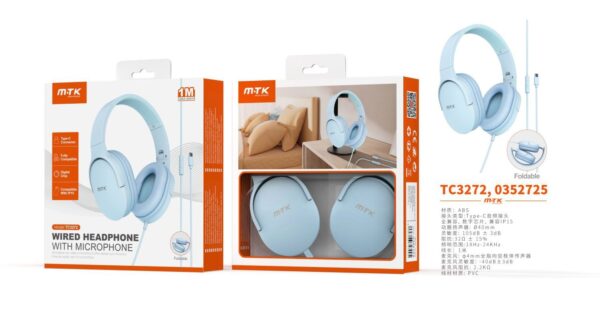 Auriculares Cascos con CableTC3272 AZ Auriculares Casco Zor plegable con Cable Type-C y microfono, Cable 1.2m,Soporta apple, Azul