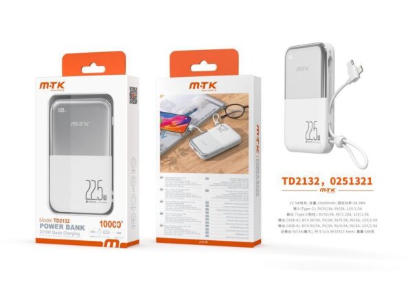 Bateria Externa 10000mAh Power Bank TD2132 BL Luxury PowerBank 10000mAh/38.5Wh, Carga Rapida 22.5w, 1entrada(Type-C), 4salida(2*Type-C+lightning+USB-A), Blanco
