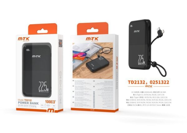 Bateria Externa 10000mAh Power Bank TD2132 NE Luxury PowerBank 10000mAh/38.5Wh, Carga Rapida 22.5w, 1entrada(Type-C), 4salida(2*Type-C+lightning+USB-A), Negro