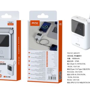 Bateria Externa 10000mAh TD2137 BL PowerBank 10000mAh/37Wh con carga rapida 22.5W, 1 Entrada USB-C y 4 Salida USB-A/USB-C/Cable Type-C/Cable lightning, Blanco