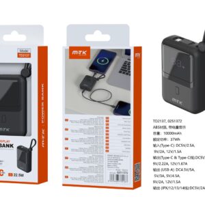 Bateria Externa 10000mAh  TD2137 NE PowerBank 10000mAh/37Wh con carga rapida 22.5W, 1 Entrada USB-C y 4 Salida USB-A/USB-C/Cable Type-C/Cable lightning, Negro