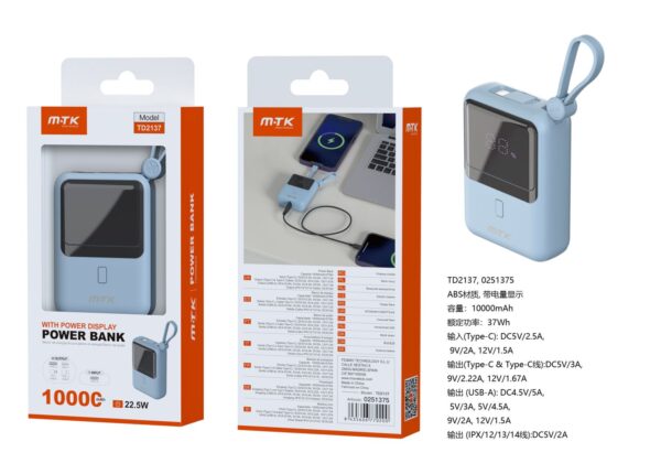 Bateria Externa 10000mAh  TD2137 AZ PowerBank 10000mAh/37Wh con carga rapida 22.5W, 1 Entrada USB-C y 4 Salida USB-A/USB-C/Cable Type-C/Cable lightning, Azul