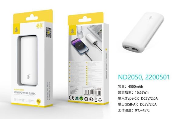 Bateria externa 4500mAh Power Bank ND2050 BL PowerBank 4500mAh/16.65Wh, 1 Entrada USB-C y 1 Salida 1USB-A, Blanco
