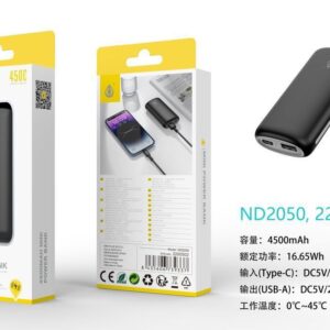 Bateria externa 4500mAh Power Bank ND2050 NE PowerBank 4500mAh/16.65Wh, 1 Entrada USB-C y 1 Salida 1USB-A, Negro